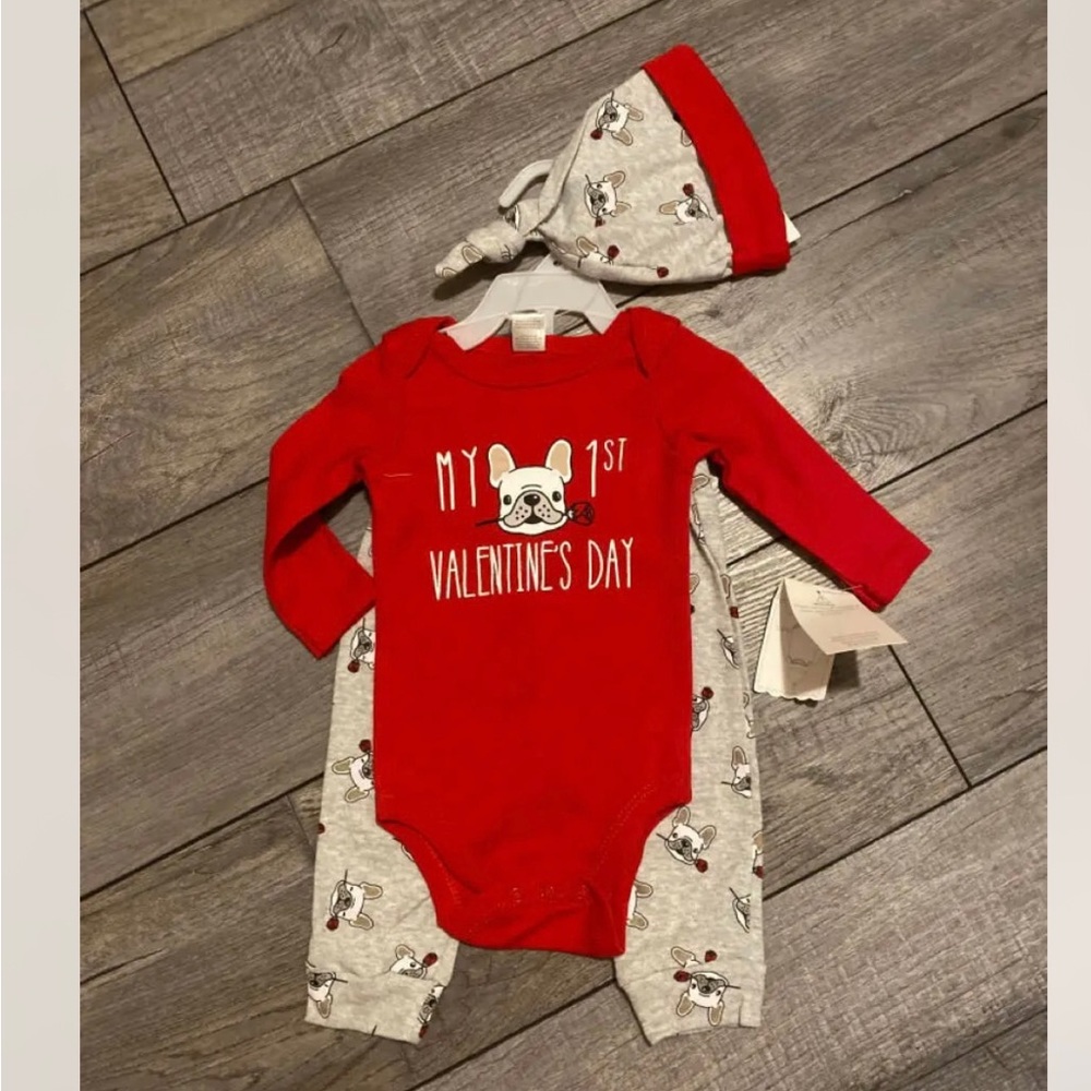 Baby Kiss My 1st Valentine 3 Pc Outfit Size 0-3 Mos Hat Body Suit & Leggings NWT